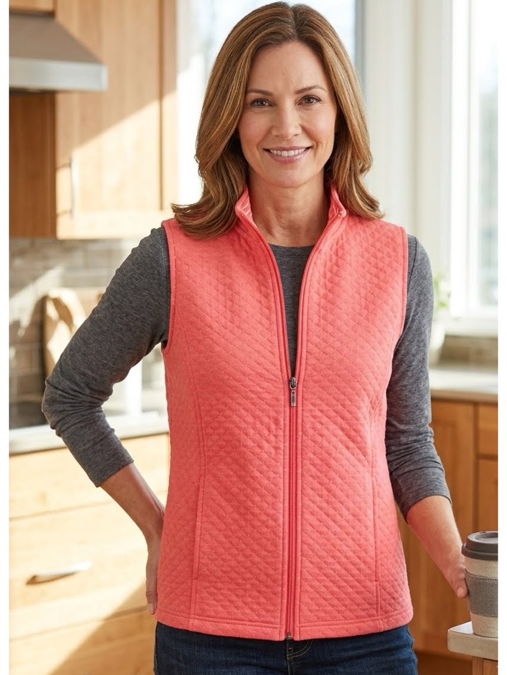 Talbots Pink Coral Quilted Cotton Vest Size S Modern Preppy Coastal Grandma